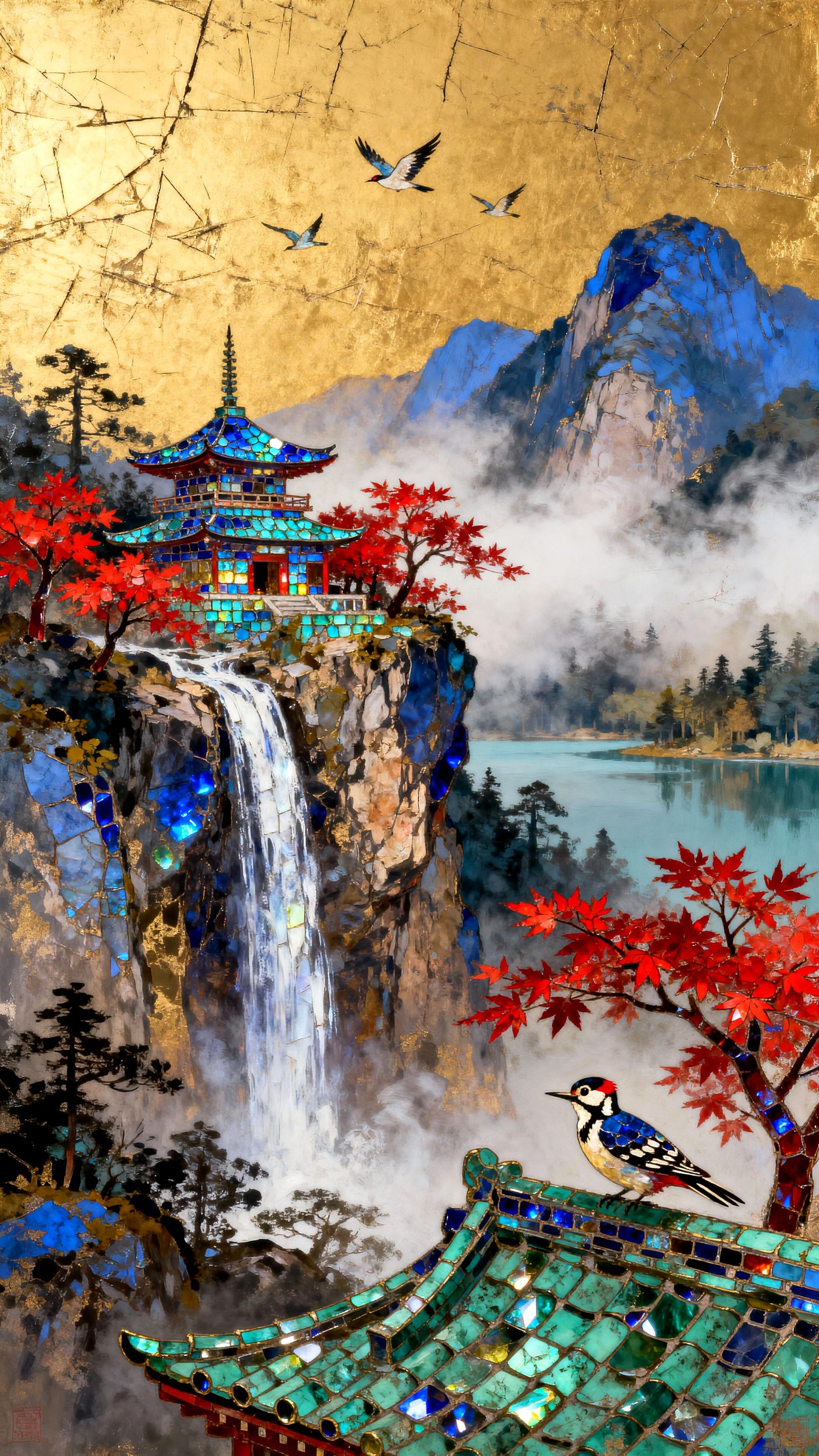 Asian Serene Landscape Painting: Gemstone Temple on Rocky Cl...