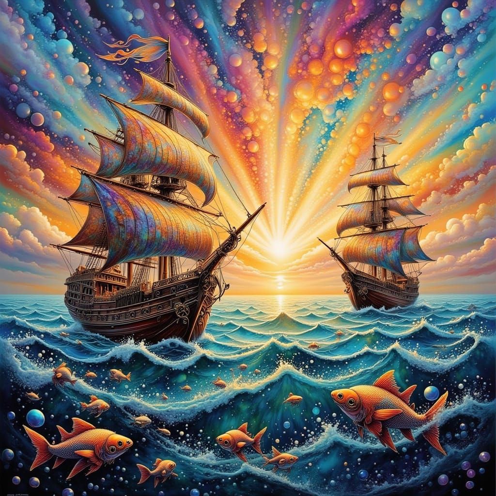 Pirate Ships Sail on Iridescent Bubble Sea