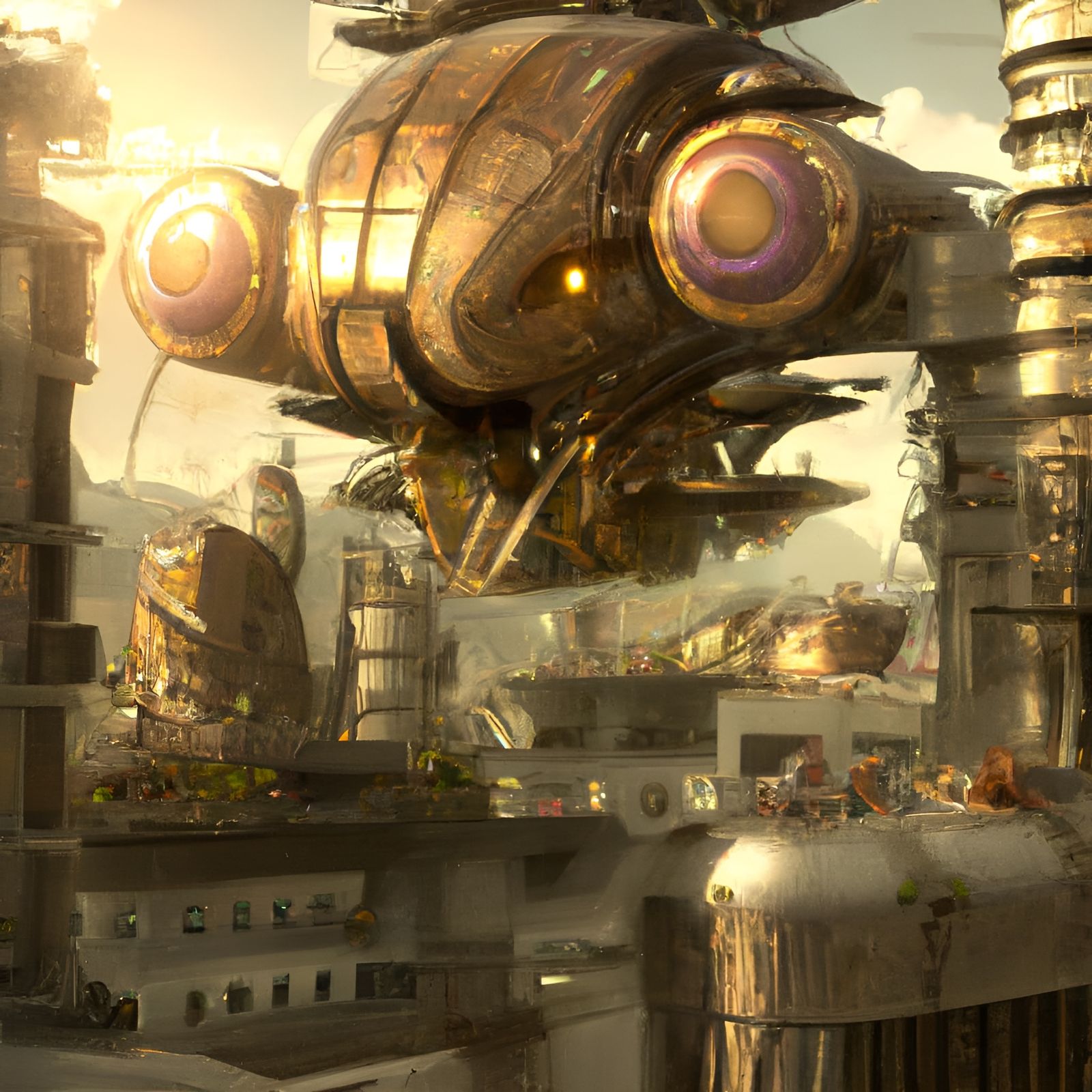 Steampunk Cityscape with Flying Vehicles in Golden Hour