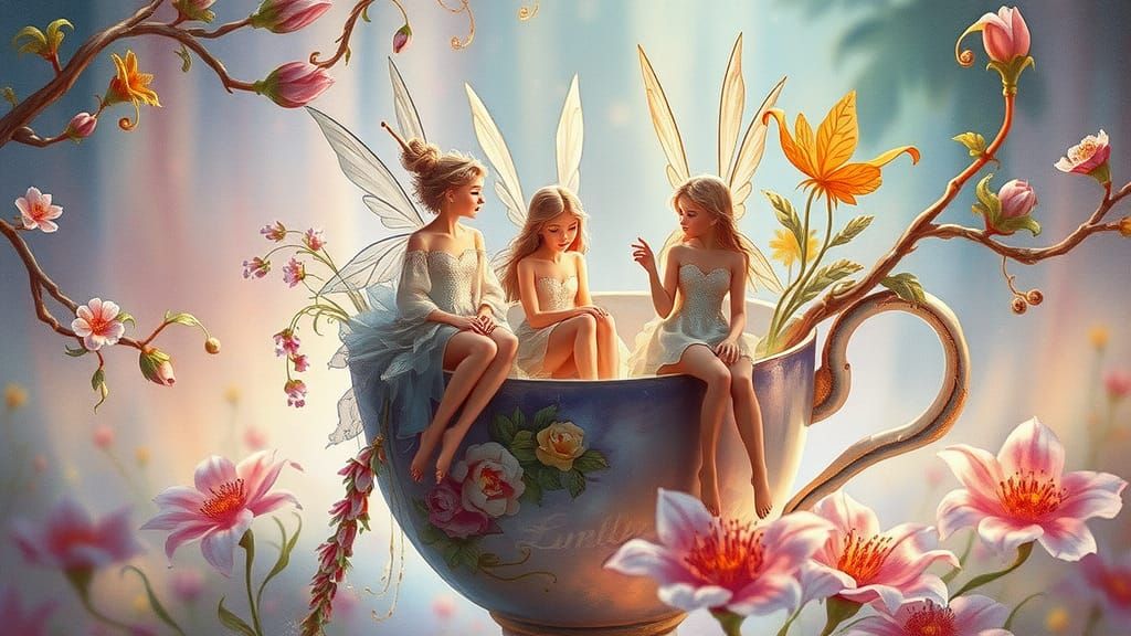 Fairies in Teacup Ecosystem as Whimsical Watercolor