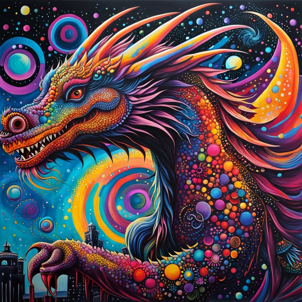 Psychedelic Ravenous Dragon in Dawn Sky
