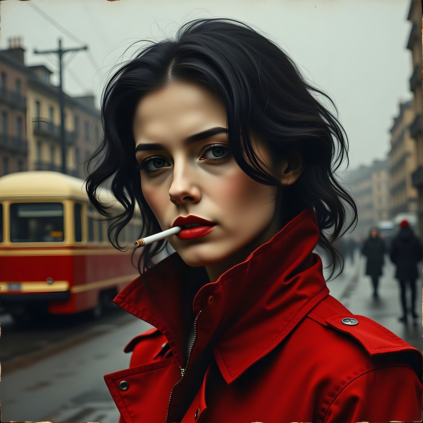 Melancholy Woman in Red Coat Smoking in Rainy Cityscape