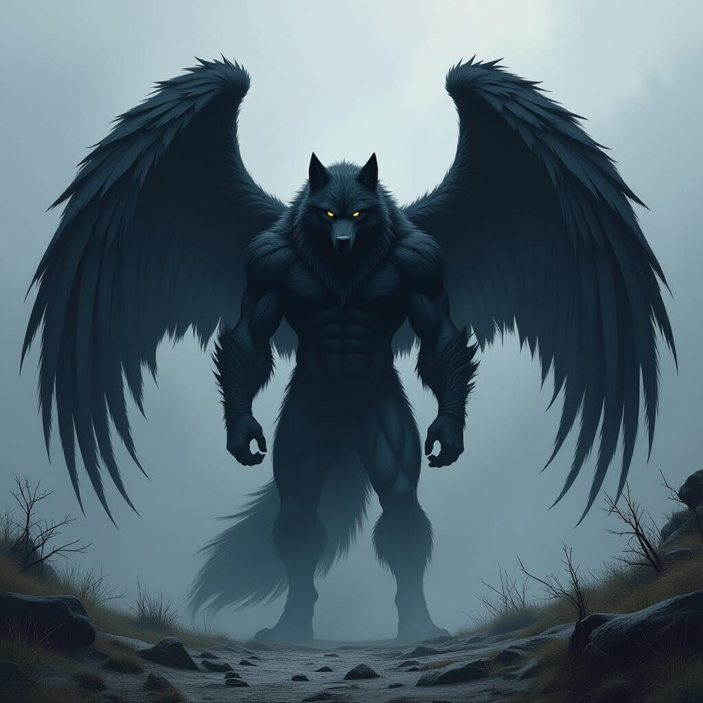 Colossal Winged Werewolf in Dark Fantasy Style