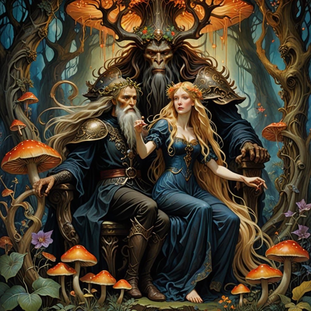 Dark Giant in Glowing Forest: A Pre-Raphaelite Vision