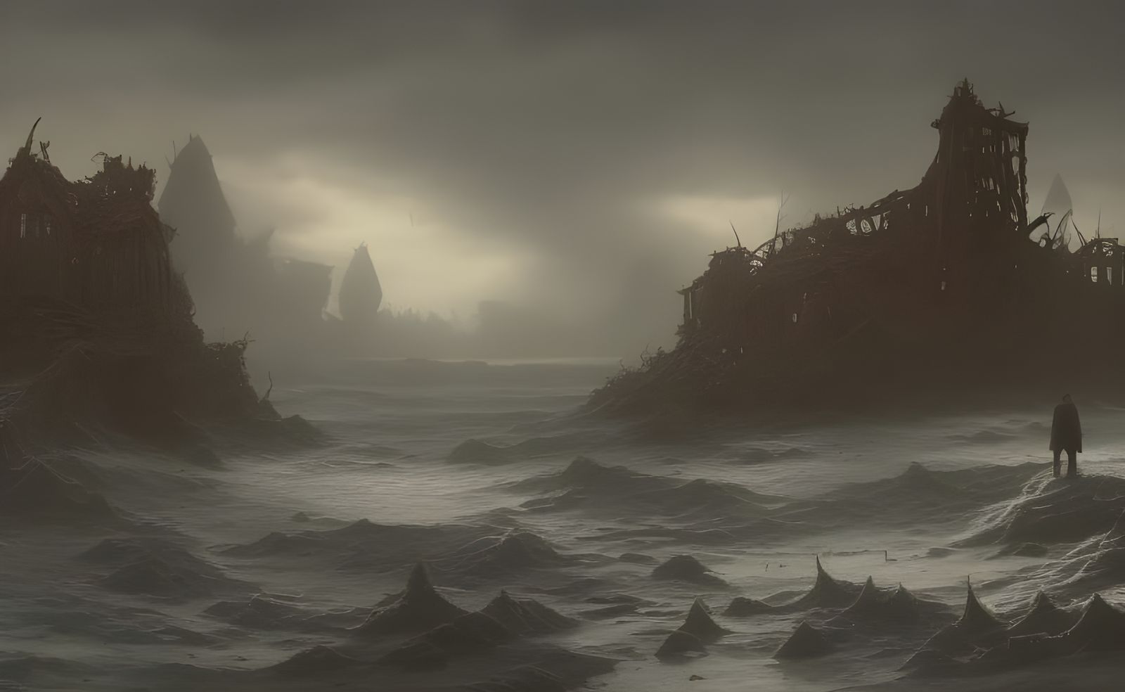 Chaotic Post-Apocalyptic Beach Destroyed by Lovecraftian God