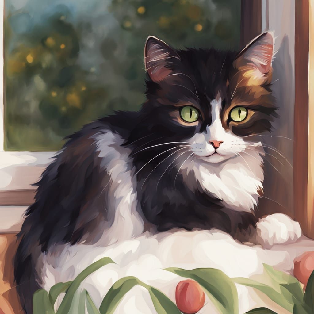Cute Fluffy Cat on Windowsill: Watercolor Illustration