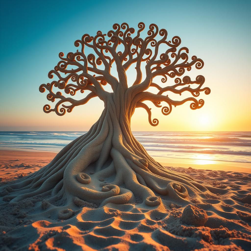 Majestic Sand Tree Castle at Sunset: Hyperrealistic Renderin...