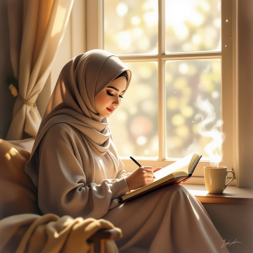 Hijabi Woman Sketches by Window in Warm Light