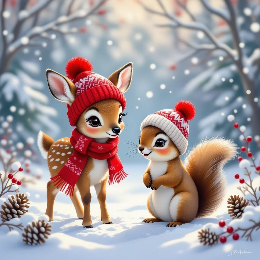 Whimsical Winter Wonderland with Deer and Squirrel