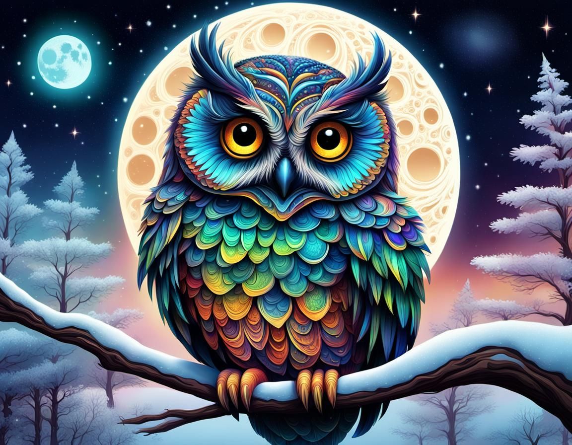 Bioluminescent Fractal Owl on Starry Night