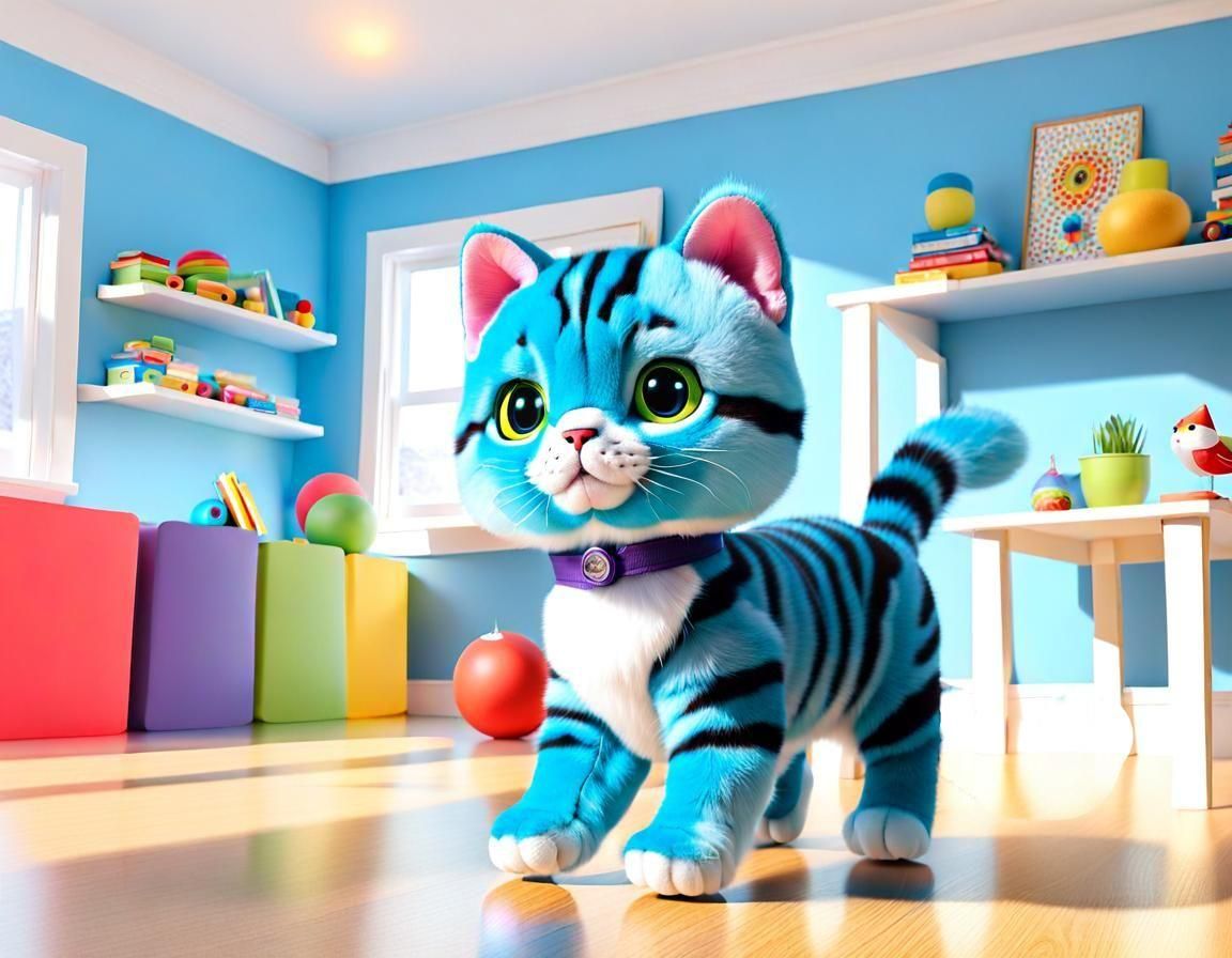 Hyperrealistic Wind-Up Cat Plush Toy in Playroom