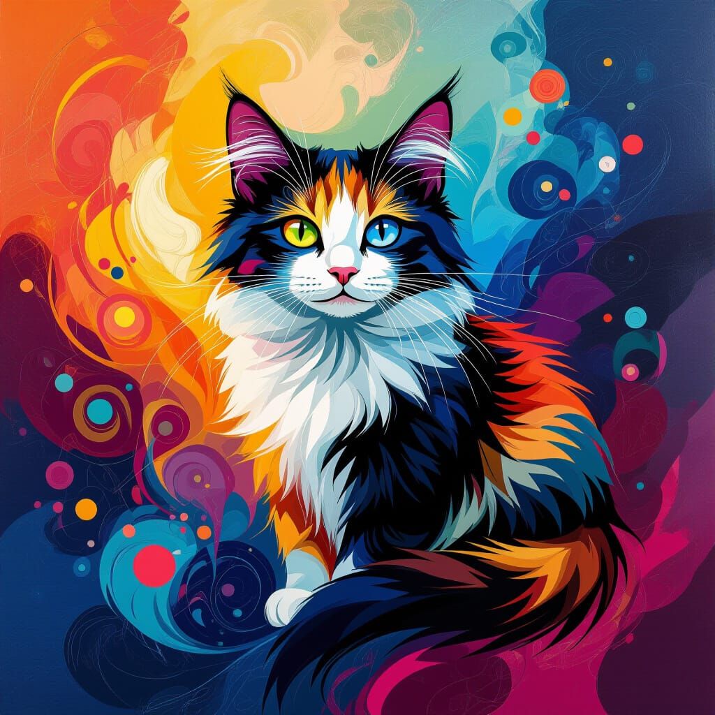 Calico Cat in Abstract Colorful Chaos
