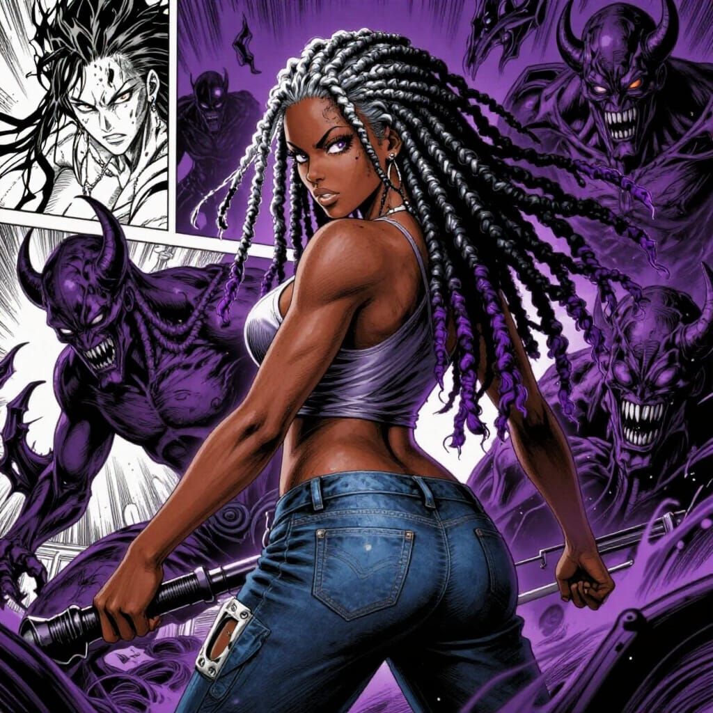 Jamaican Woman Battles Demonic Foes in Dark Manga Style