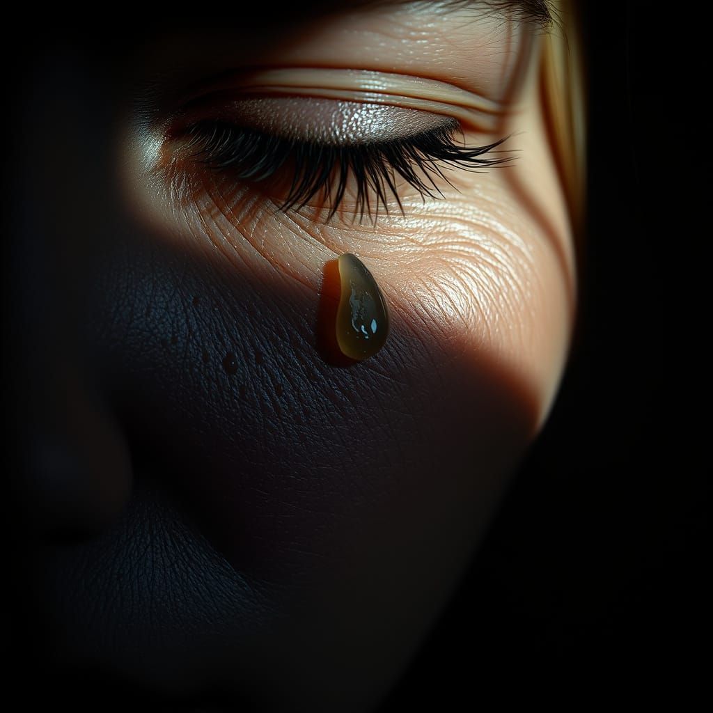 Hyperrealistic Woman's Face in Shadows with Tear
