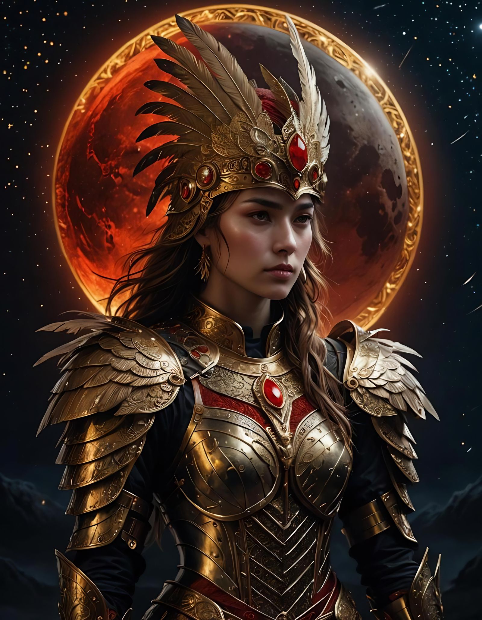 Armored Woman Portrait with Red Moon in Dark Fantasy
