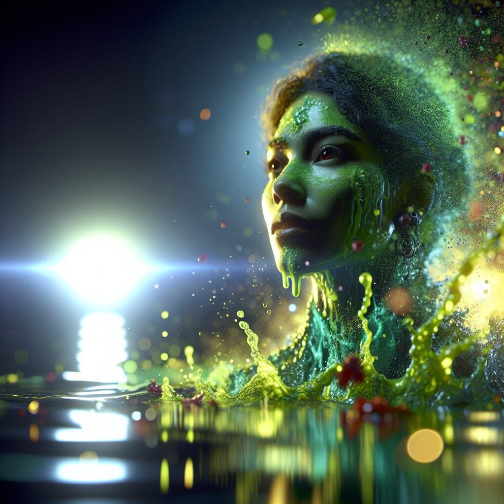 Radiant Green Woman Rising: Hyperrealistic Splash Art