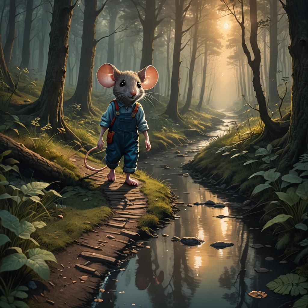 Mouse Walking Forest Path in Dark Fantasy Style