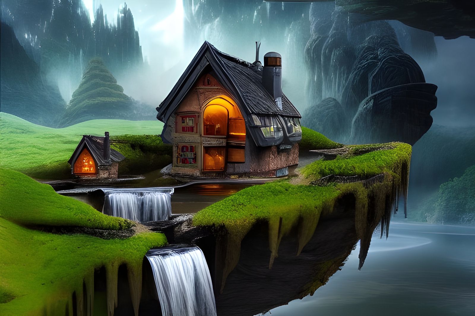 Cyborg Hobbit House Floating Waterfall: Sci-Fi Fairycore