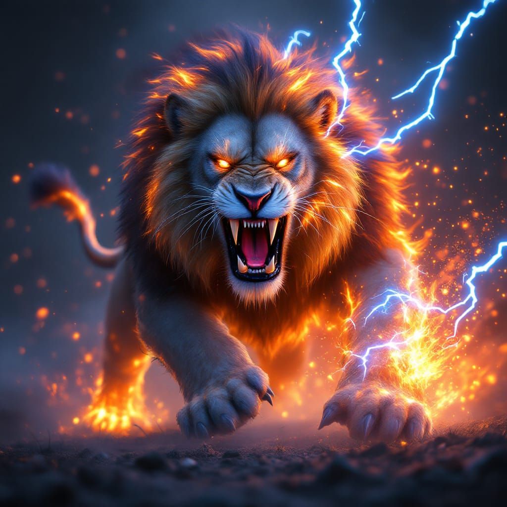 Fiery Fantasy Lion Roaring with Blue Lightning
