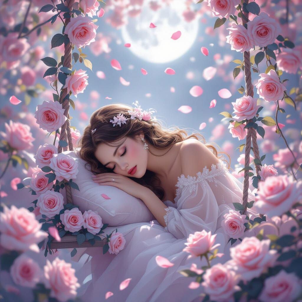 Serene Woman Sleeping in Crystal Rose Garden