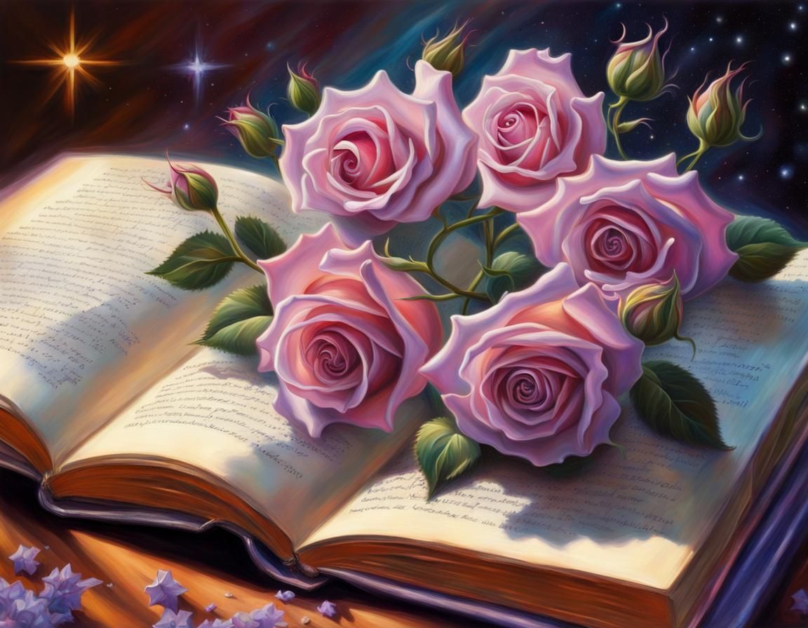 Glowing Roses on Books: Ethereal Oil Painting