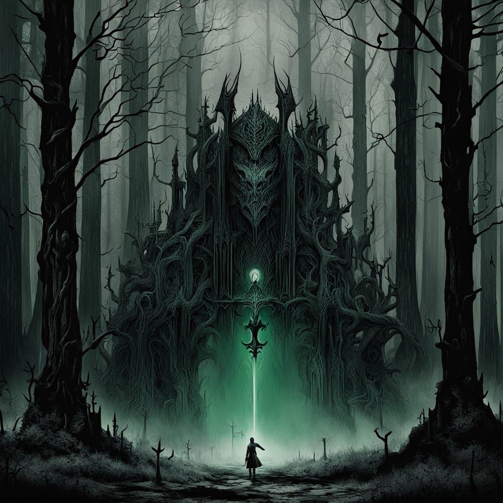 Gothic Knight Stands at the Edge of a Haunting, Mist-Shroude...