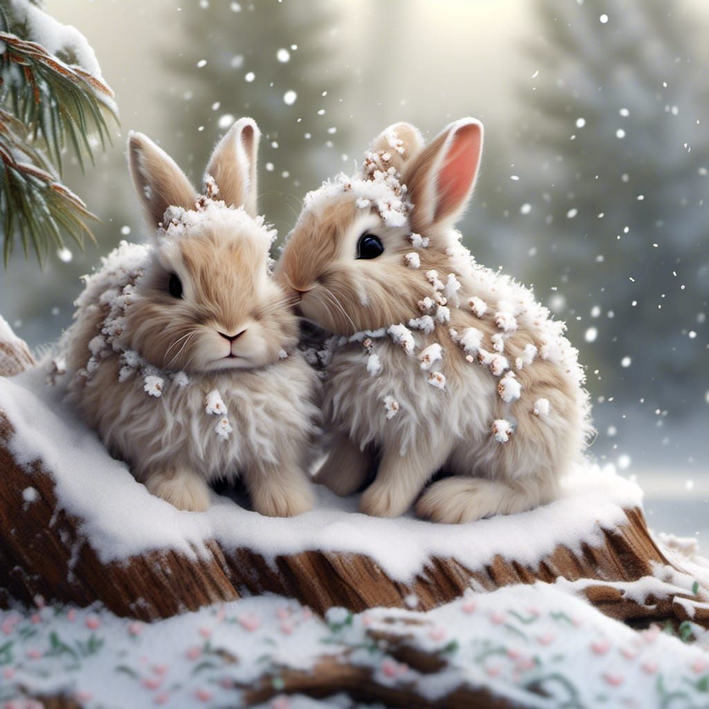 Sleeping Bunnies in Snowy Winter Scene