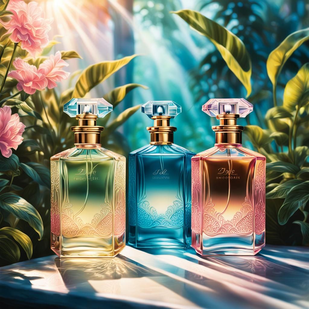 Glamorous Perfume Bottles in Summer Sunlight: 3D Render
