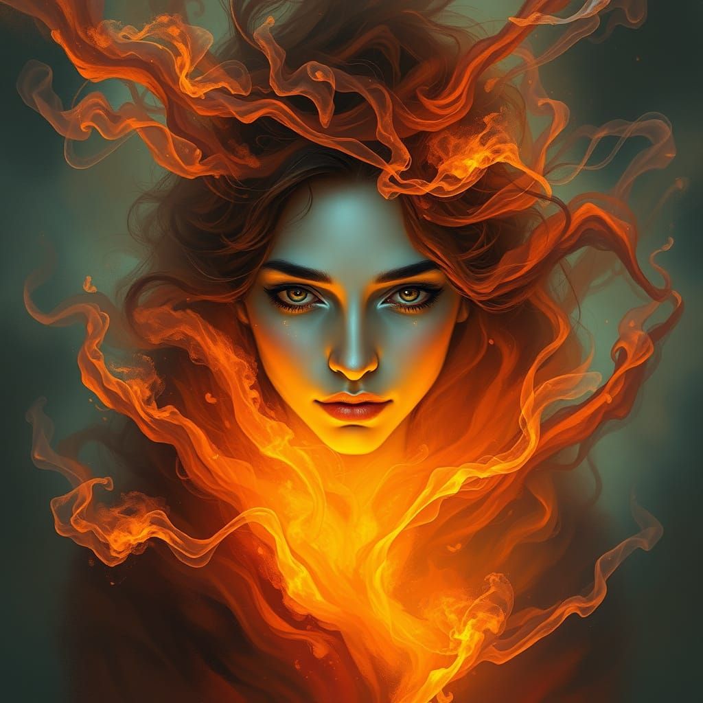 Ethereal Woman in Fiery Dreamlike Landscape