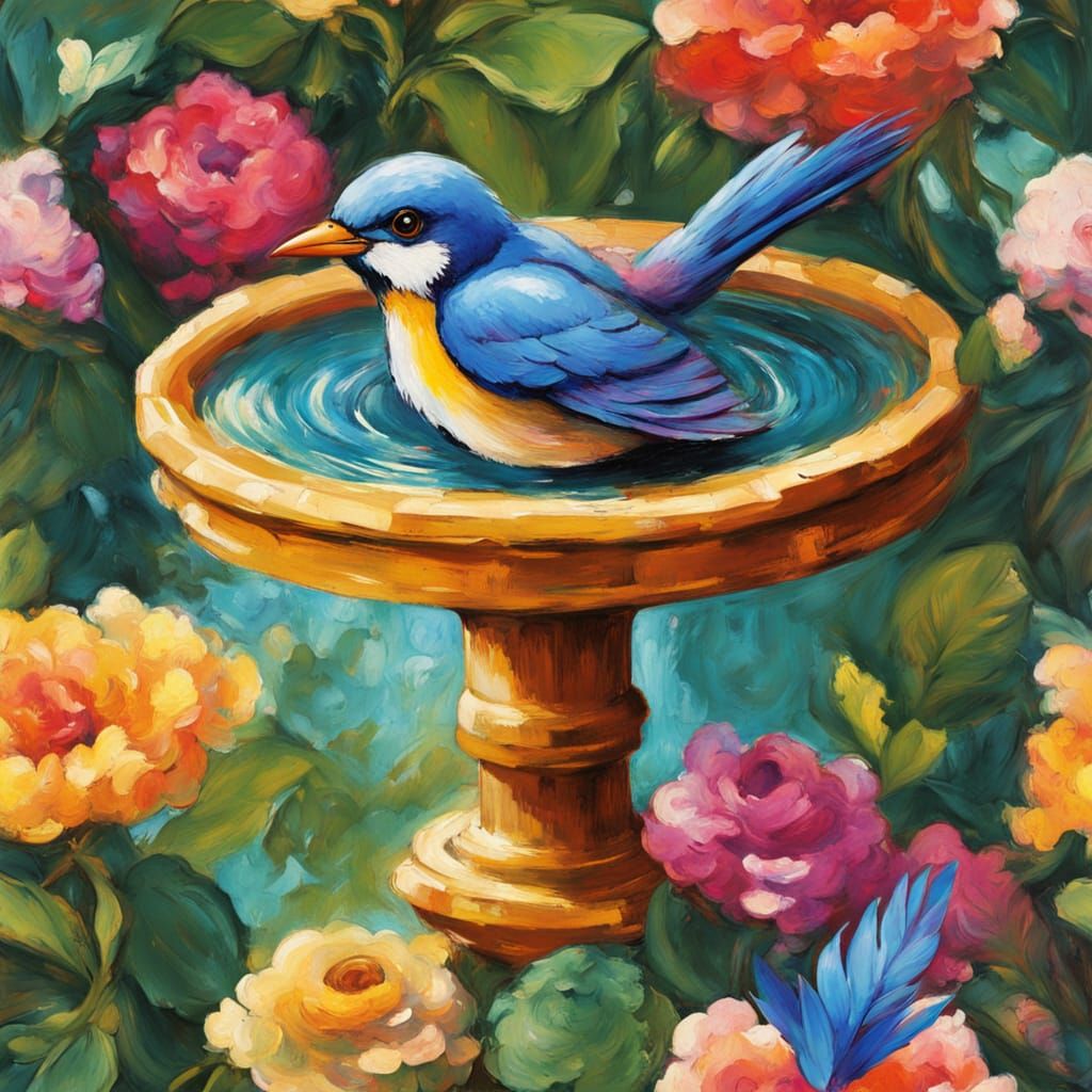 Birdbath in Lush Garden: Neo-Impressionist Acrylic Painting