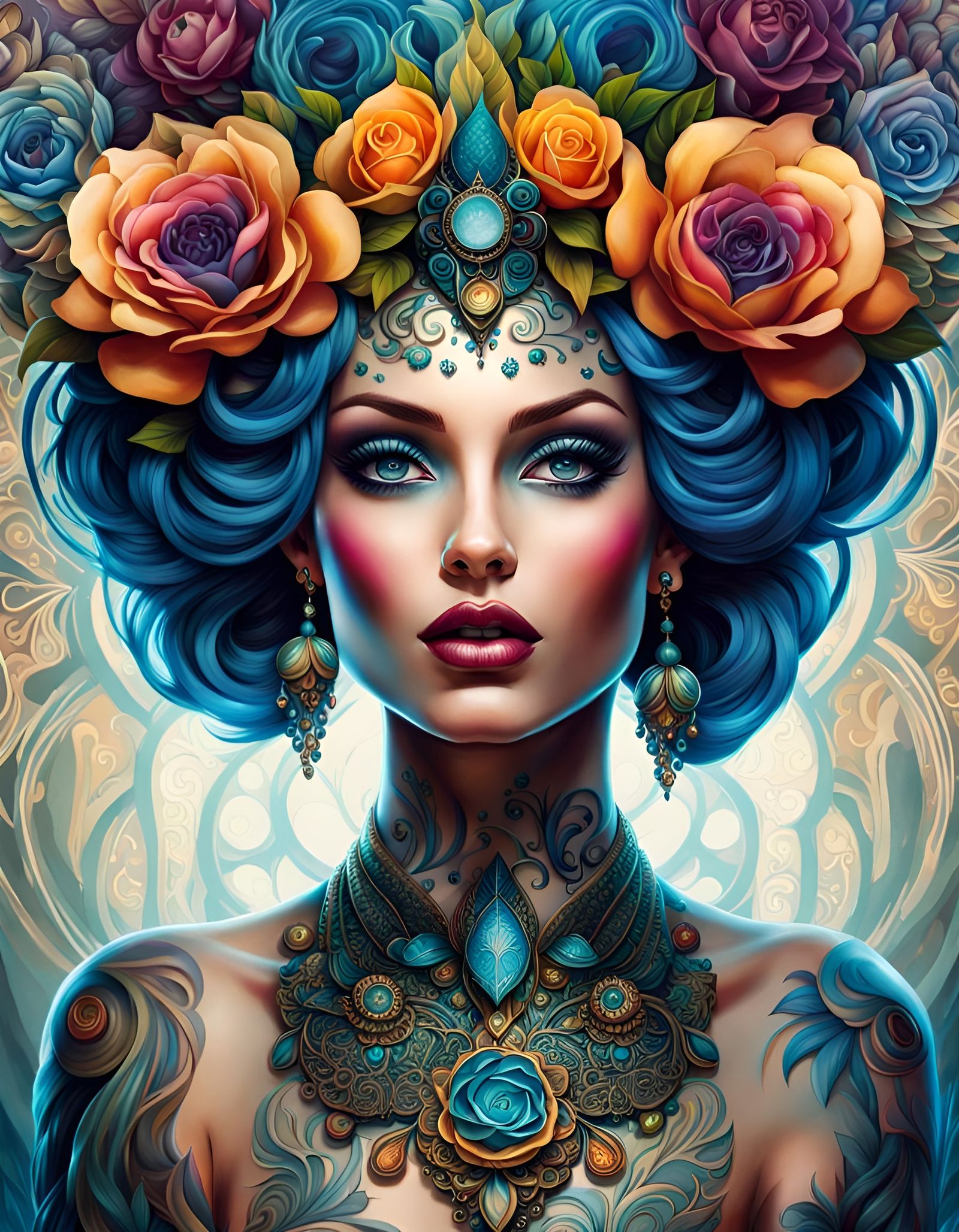 Blue-Haired Tattooed Woman Digital Painting