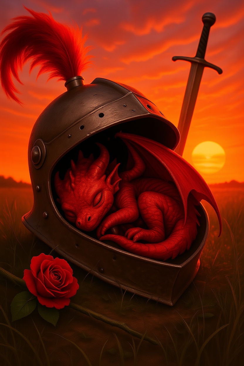 Red Dragon Sleeps in Knight Helmet at Sunset