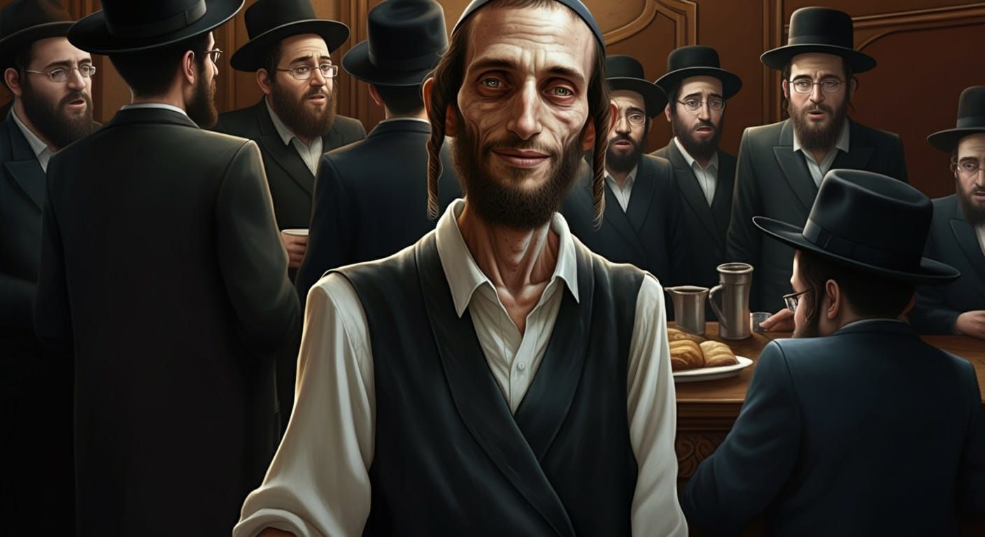 Emaciated Hasidic Man in Traditional Synagogue Setting