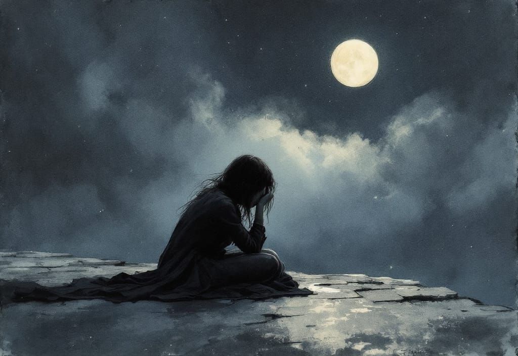 Melancholic Girl in Moody Watercolor Moonlight