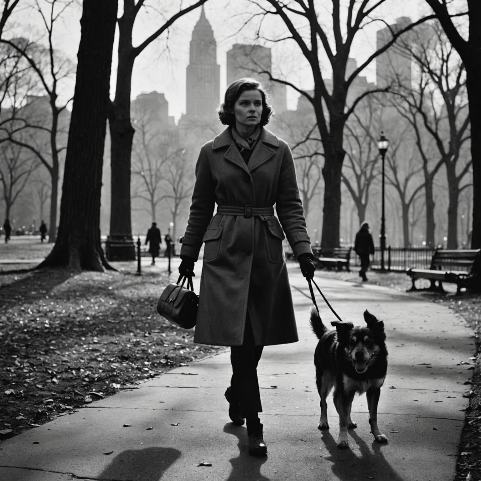 Woman Walks Dog in Central Park, 1960s Style