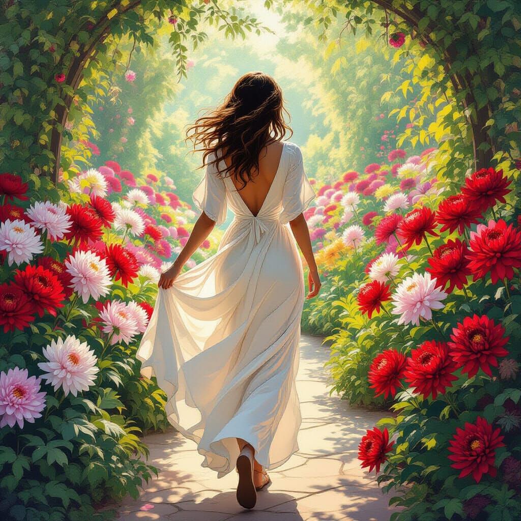 Woman Enters Magical Chrysanthemum Garden in Art Nouveau Sty...