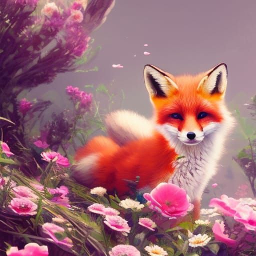 Baby Fox Portrait with Flowers in Art Nouveau Style