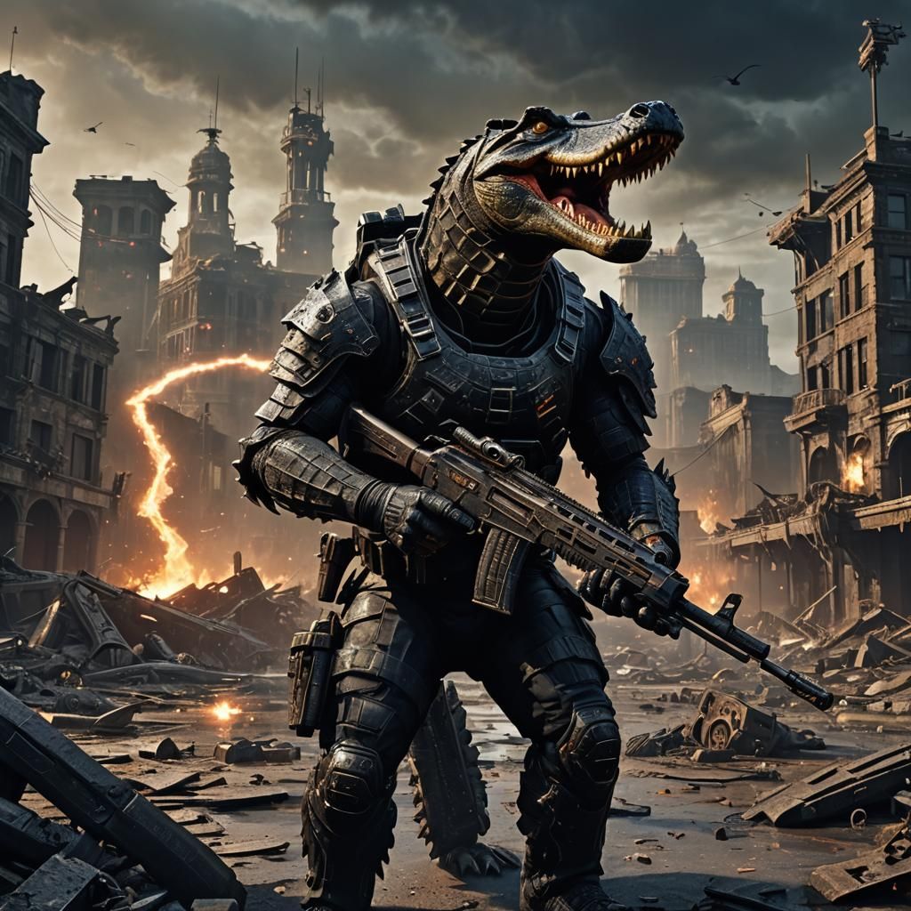 Armored Alligator Warrior in War-Torn Cityscape