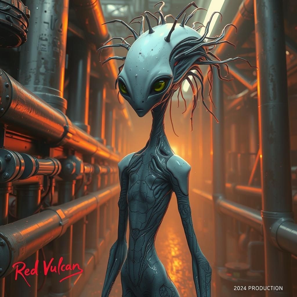 An androgynous, slender alien with elongated, aerodynamic bo...