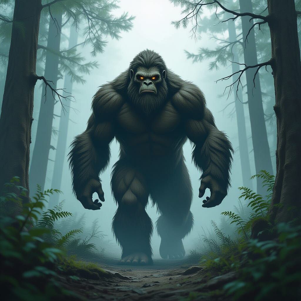 Bigfoot in Misty Forest: Fantasy Illustration