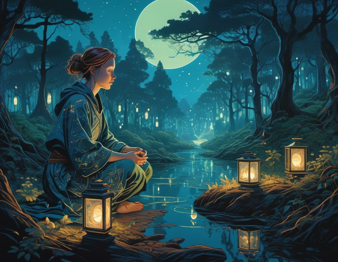 Ethereal Goddess Surrounded by Moonlit Forest Whispers
