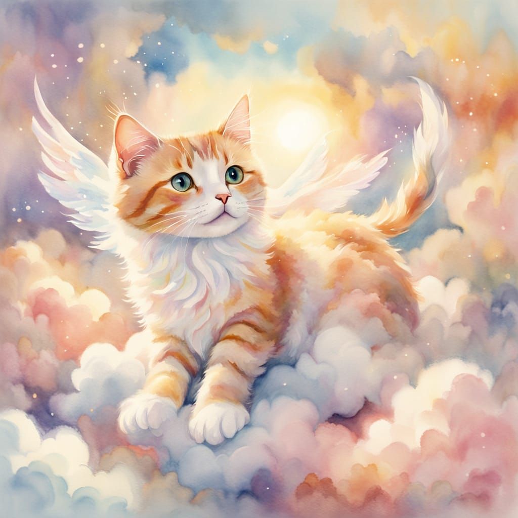 Whimsical Watercolor Cat in Serene Heaven