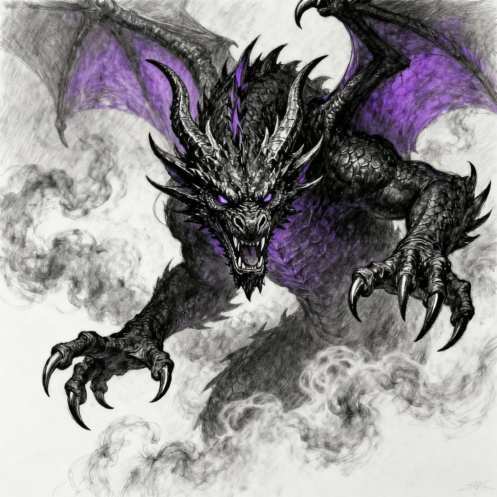Fierce Black & Purple Dragon in Charcoal Style