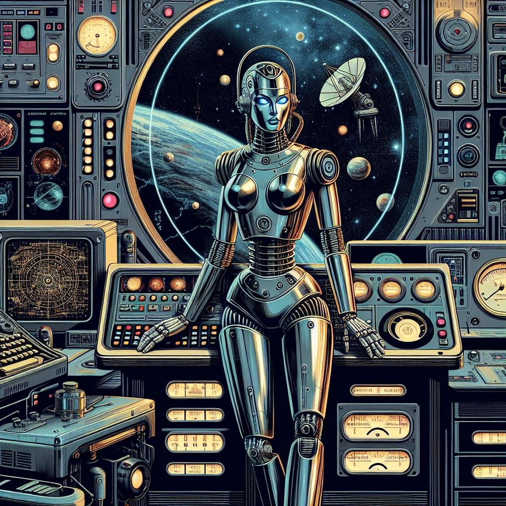 Retro Sci-Fi Cybernetic Woman in Space Cabin