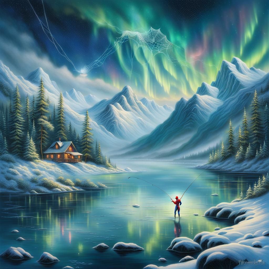 Spiderman's Lakeside Fishing Trip Under Northern Lights