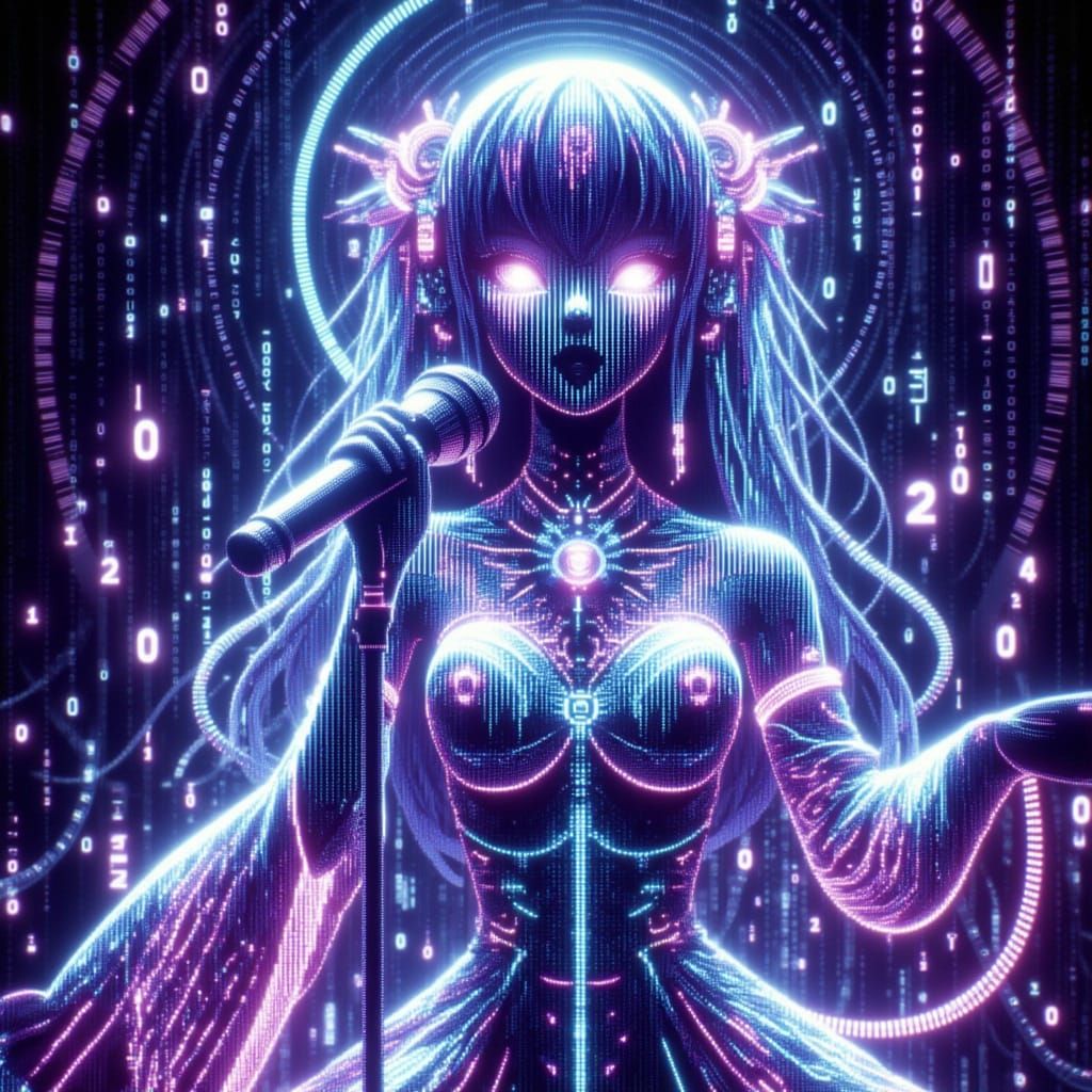 Anime Alien Woman Singing on Dark Stage with Binary Code