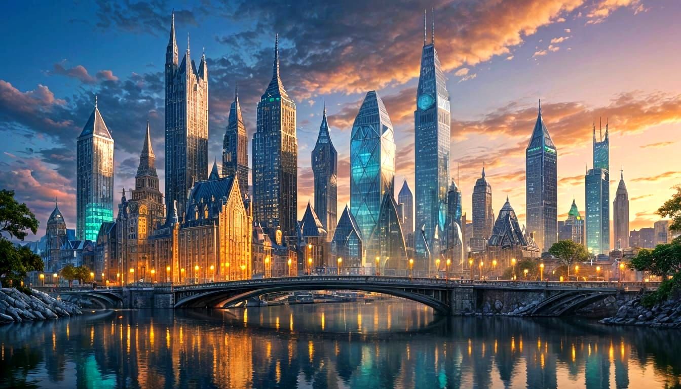 Whimsical Sea Glass Cityscape Under Pastel Sky