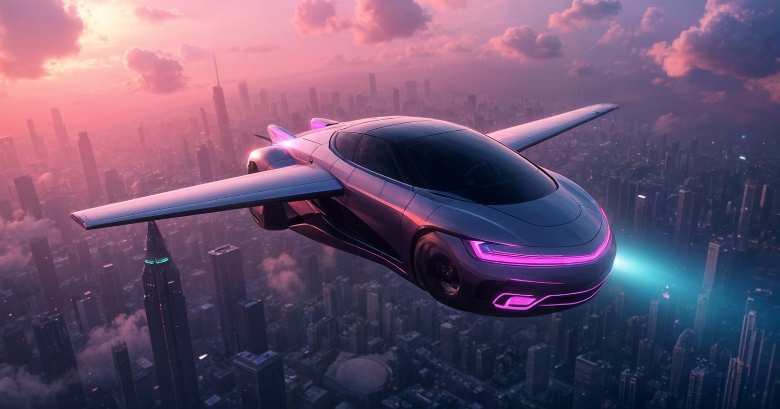 Futuristic Pink Flying Car Over Metropolis
