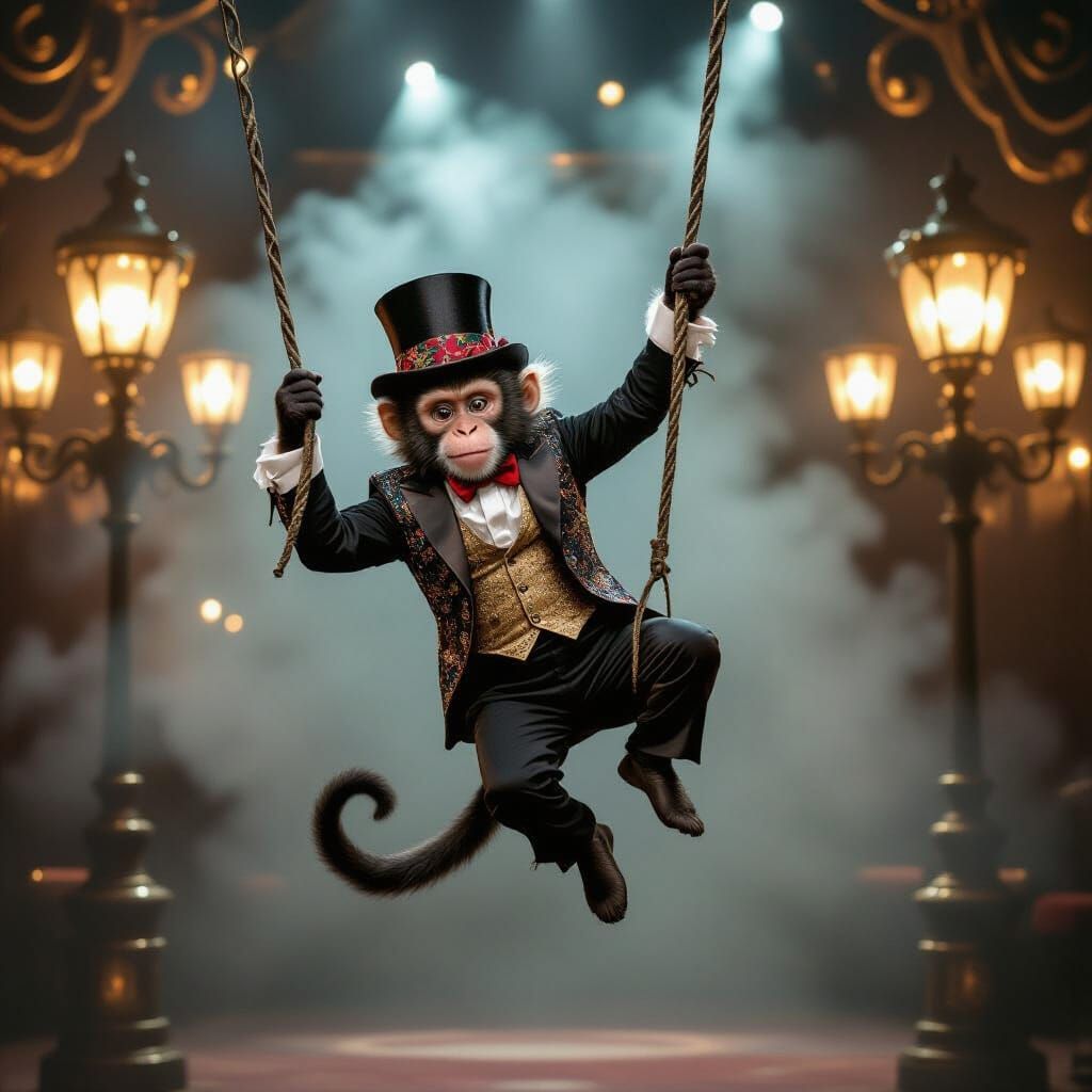 Monkey Acrobat in Sequined Waistcoat on Trapeze