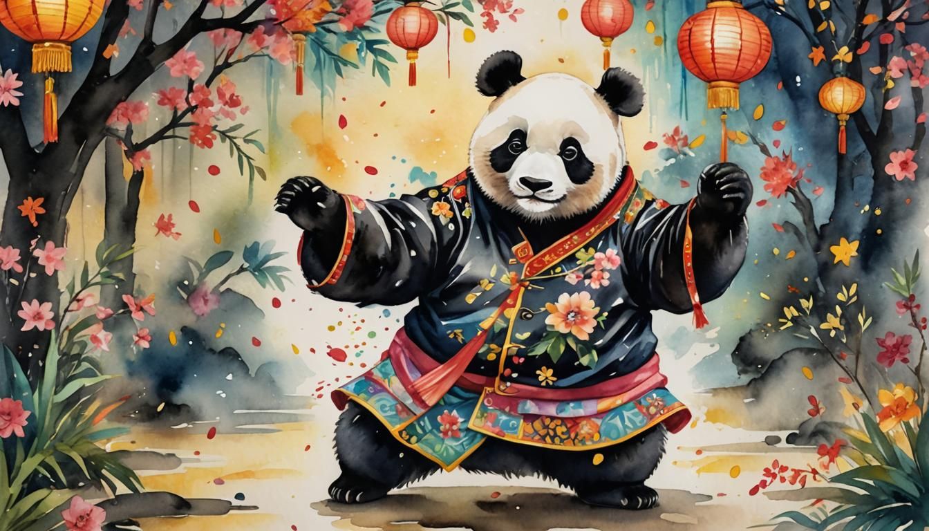 Panda Celebrates at a Chinese Festival, Watercolor